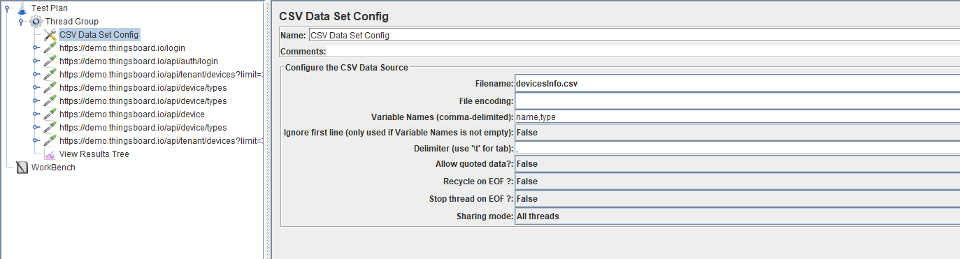 Screenshot of CSV Data Set Config
