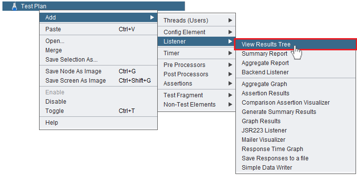 Adding the "View Results Tree" listener to a JMeter test plan