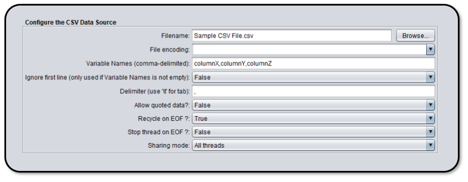 Configuration settings for our sample CSV data source