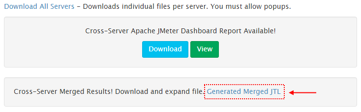 Options to download the JMeter Dashboard Report and the JMeter merged JTL file