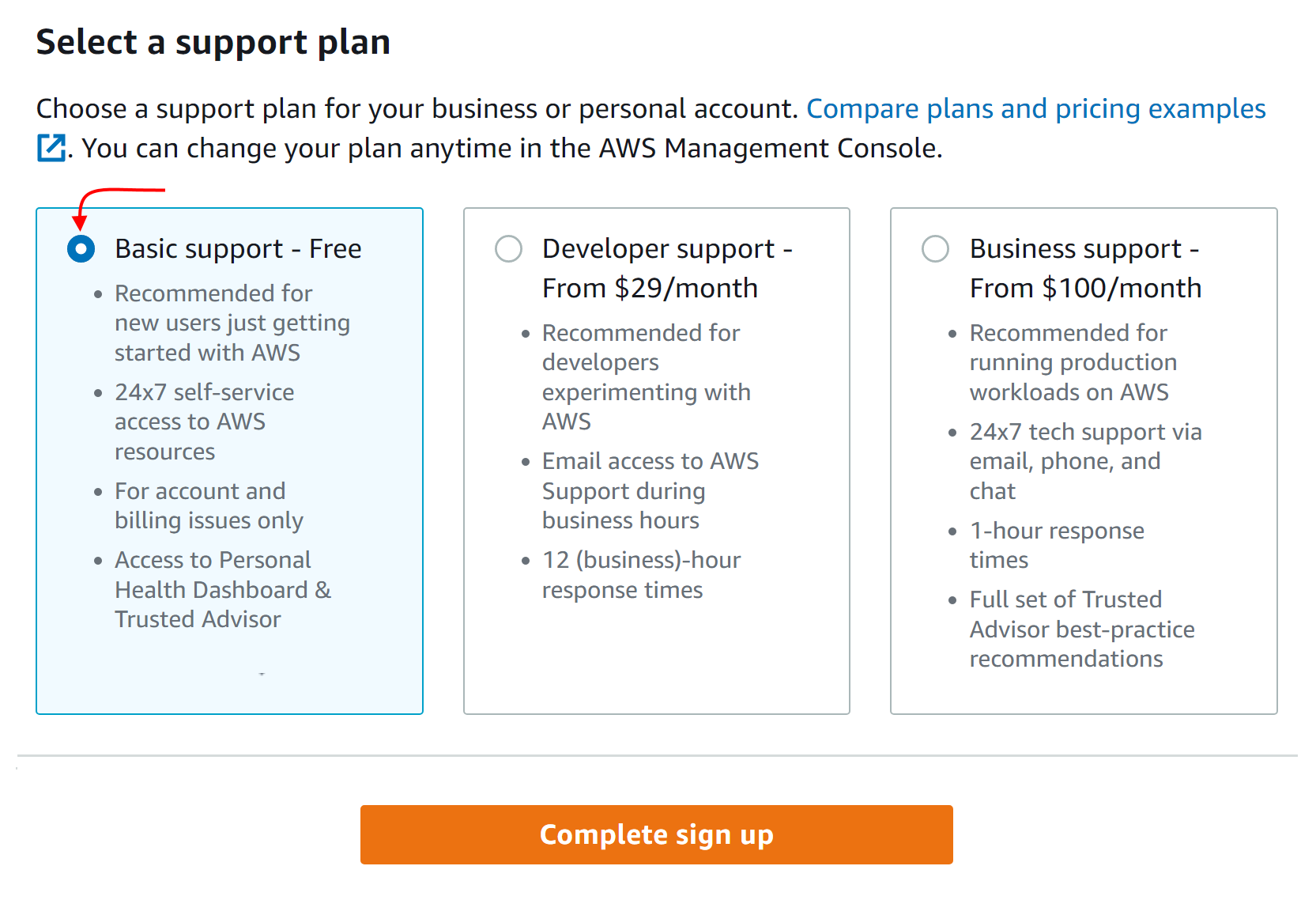 Select a support plan