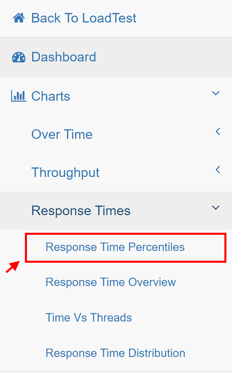 JMeter Dashboard Report menu for accessing response time percentiles
