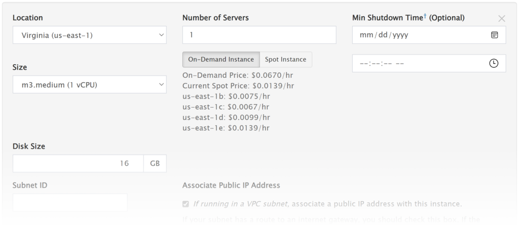 Options that can be set when starting a server from the "Server Management" page