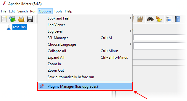 Accessing the Plugins Manager from the JMeter options menu