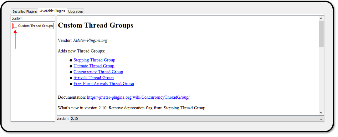 Installing the Custom Thread Groups plugin from the JMeter Plugins Manager