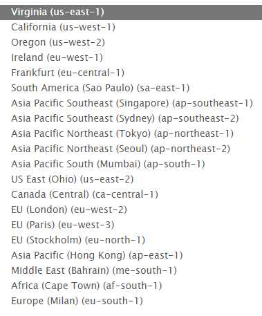 All currently supported AWS regions for load tests.