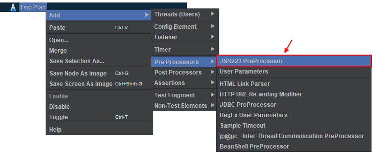 JMeter preprocessors can be added from the list of available test plan elements