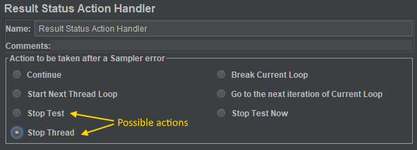 Available options for the Result Status Action Handler
