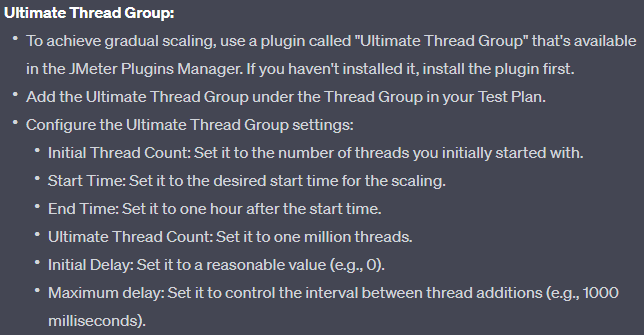 ChatGPT output detailing instructions for setting up an Ultimate Thread Group within a JMeter test plan