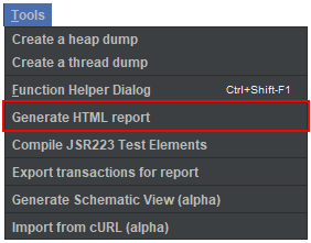 The option to generate the HTML JMeter Dashboard report can be found under the Tools menu