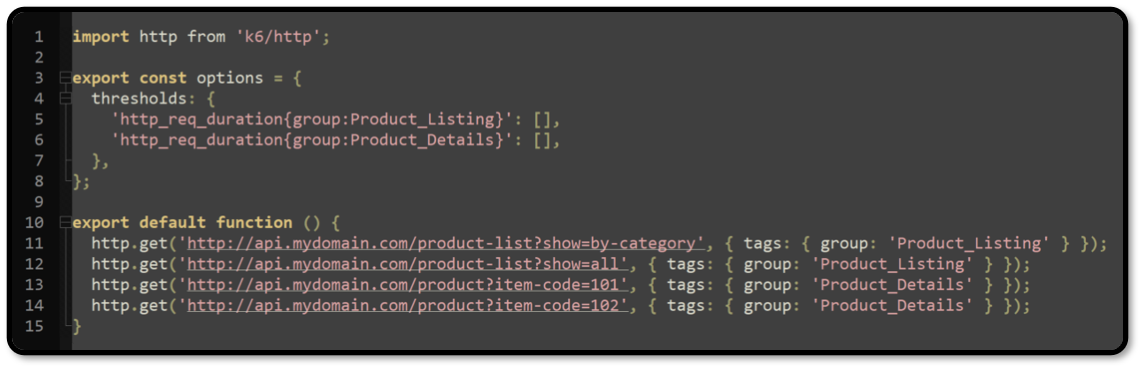 Example k6 test plan script using tags to categorize requests into groups