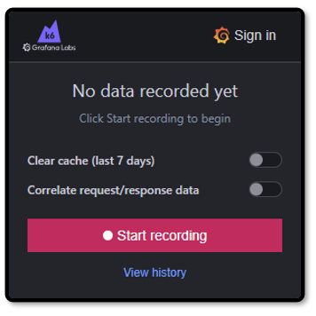 Click the Start recording button to begin a new session with the k6 Browser Recorder